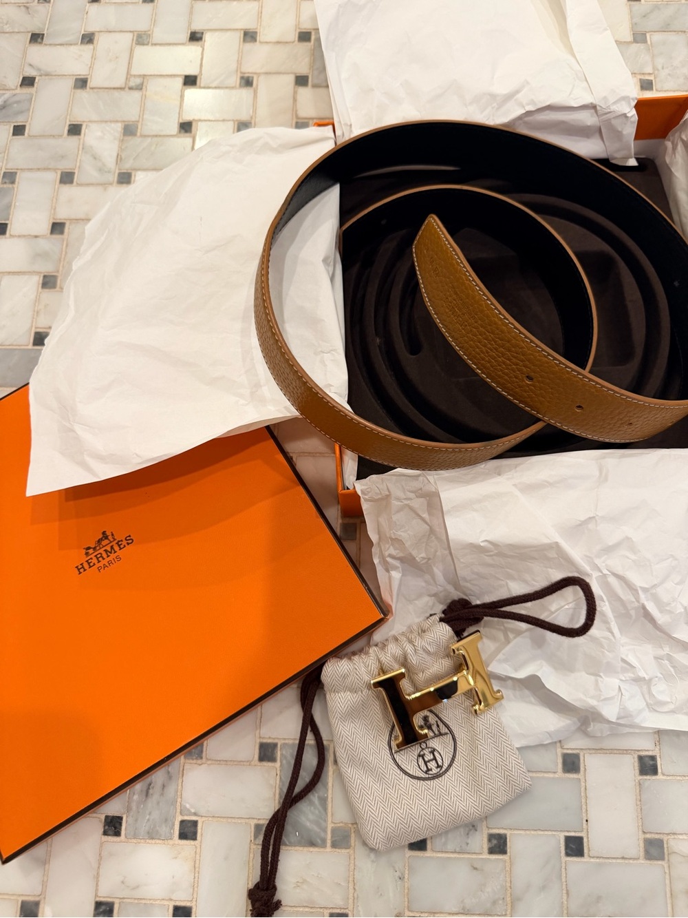 Hermes Brown Leather Belt with Gold H Buckle